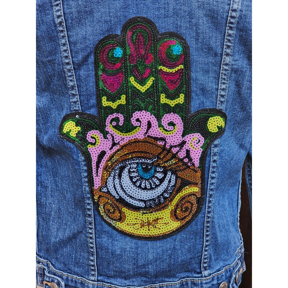 Levis Jean Jacket Sequin Hamsa Size Small Boho Hand Of Fatima - Picture 4 of 9